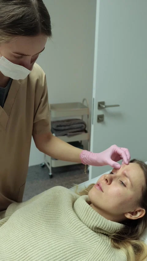 Cosmetologist preparing forehead for injection Stock Footage 330531466