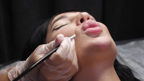 A cosmetologist uses a brush to create the contour of a womans lips. Stock Footage 315093227