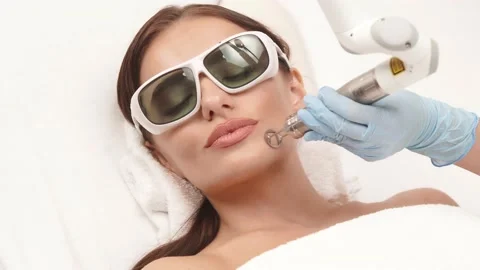 Cosmetologist using erbium laser on pretty woman face in glasses Stock Footage 143162779