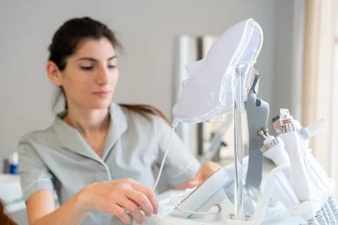 Cosmetologist using modern HydraFacial machine in beauty clinic Foto stock