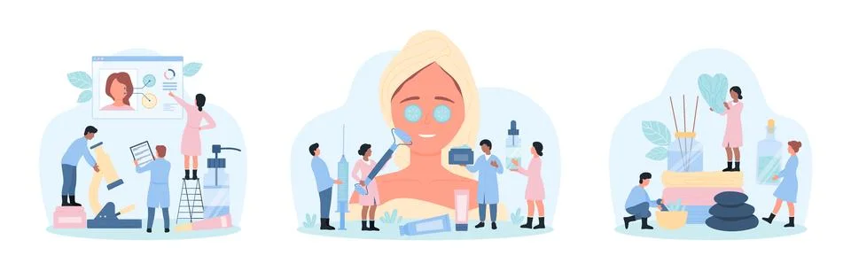 Cosmetology set, tiny cosmetologists using beauty injection and cream, gua sha Stock Illustration