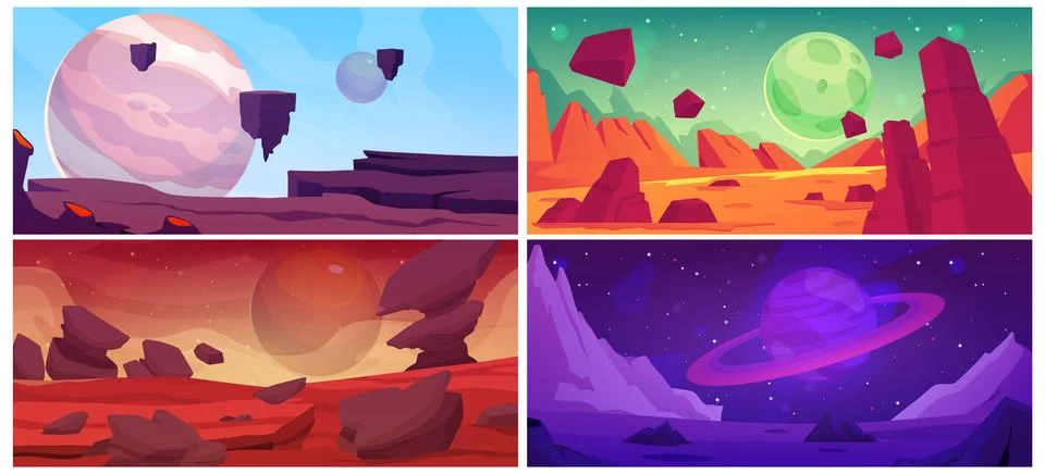 Cosmic alien game landscape vector set, desert surface with mountains and flying Stock Illustration