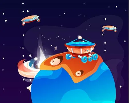 Cosmic background with moonwalker in outer space, moon rover explores mars or Stock Illustration