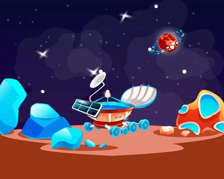 Cosmic background with moonwalker in space, moon rover at alien planet with Stock Illustration