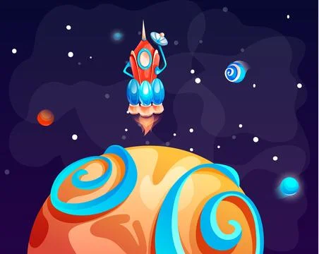 Cosmic background with rocket in dark space, alien planet deserted landscape Ilustración de archivo
