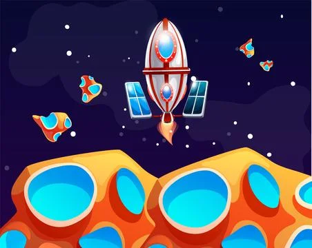 Cosmic background with rocket in dark space, alien planet deserted landscape 스톡 일러스트