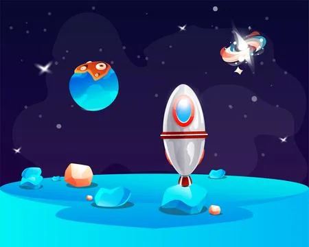 Cosmic background with rocket in dark space, alien planet deserted landscape Illustrazione stock