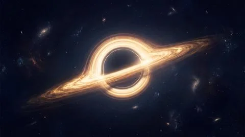 Cosmic black hole with accretion disk gravitational pull in deep space. Stock Illustration