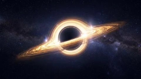 Cosmic black hole with accretion disk gravitational pull in deep space. Stock Illustration