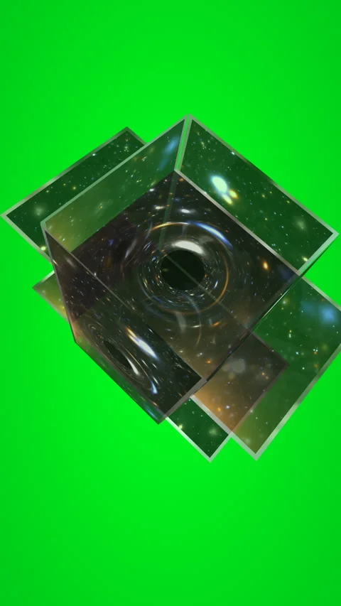 Cosmic Black Hole Inside Reflective Cube Over Green Screen Background, Spac.. Stock Footage 346256517