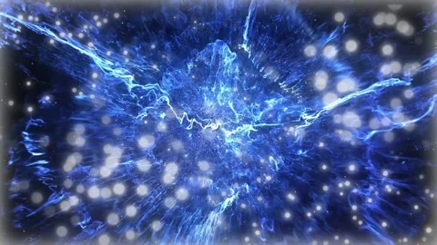 Cosmic blue energy explosion radiating brilliant light particles across a dark Stock Footage 339257703