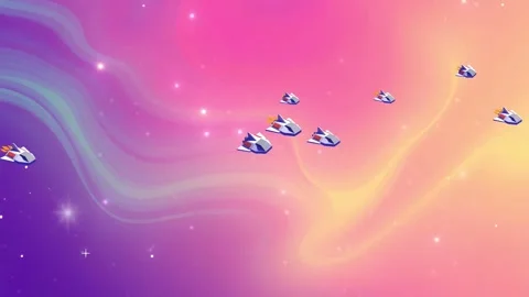 Cosmic Clouds Passage: Fleet of Spacecraft Gliding Under a Gradient Sky, Soarin Stock Footage 307002810