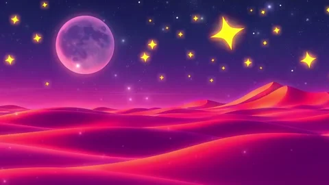 Cosmic Dreamscape: A Full Moon Illuminating Pink Sand Dunes Beneath a Starry Sy Video stock 308846113