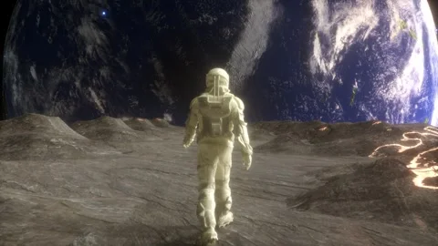 Cosmic Explorer: Astronaut VJ Loop with Planet Earth Backdrop A lone astronaut  Stock-Footage 287288263