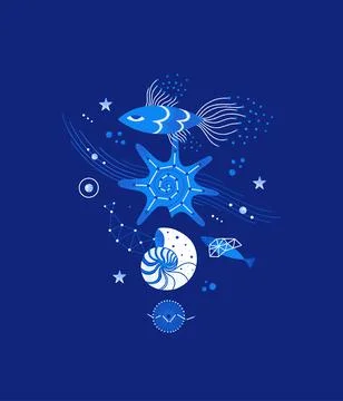 Cosmic fish and seashell. Magic underwater life. Space marine composition. Oc Stock Illustration