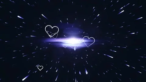 Cosmic hearts floating through hyperspace warp speed tunnel with bright blue Stock Footage 346124366
