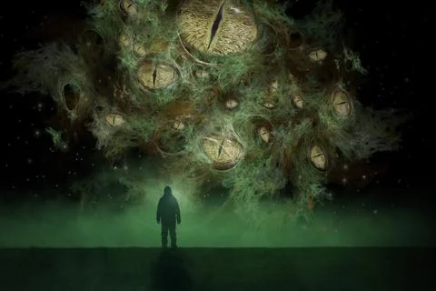A cosmic horror concept. Of a alien monster with many eyes floating Stock Illustration