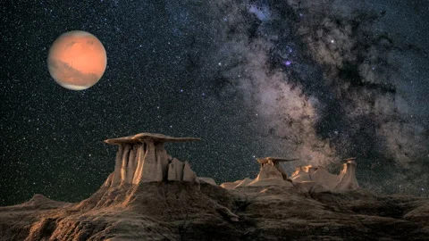 Cosmic landscape with Mars orbiting above Stock Footage 141045499