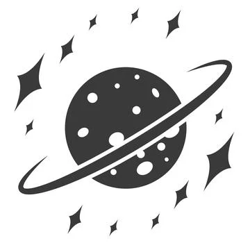 Cosmic landscape, planet with ring and stars, vector icon space sign star planet Stock Illustration
