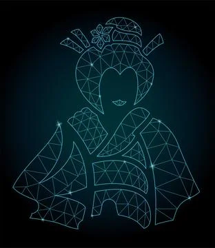 Cosmic low poly art with blue shiny asian woman Stock Illustration