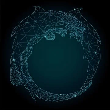 Cosmic low poly art with blue shiny dragon frame Stock Illustration