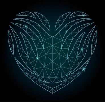 Cosmic low poly art with blue shiny heart shape Stock Illustration