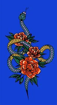 Cosmic magic Snake. Snake and wildflowers. Halloween and boho Floral design.  Stock Illustration