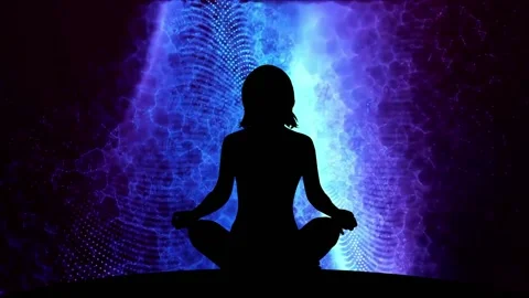 Cosmic meditation silhouette of a woman sitting in lotus pose. Stock Footage