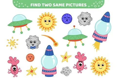 Cosmic objects. Find two same pictures. Game for children. Cartoon, vector Illustrazione stock