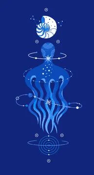 Cosmic octopus and seashell. Magic underwater life. Space marine composition. Stock Illustration