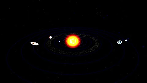 Cosmic Orbiting Planets Celestial Bodies with Glowing Sun on Dark Backgroun.. Vídeo Stock 346748821