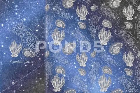 Cosmic pattern with silver illustrations PSD Template