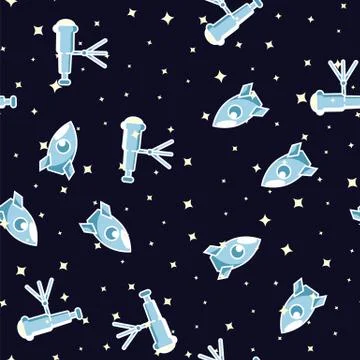 Cosmic pattern space rocket and telescope on dark blue background. Cosmic rocket Stock Illustration