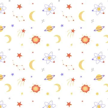 Cosmic pattern in the style of flat, planets and comets, stars and galaxies. Stock Illustration