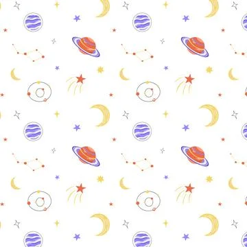 Cosmic pattern in the style of flat, planets and comets, stars and galaxies. Stock Illustration