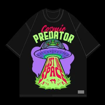 Cosmic predator design style alien riding ufo plane for streetwear tshirt Stock Illustration