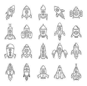 Cosmic rocket set in outline line art Stock Illustration