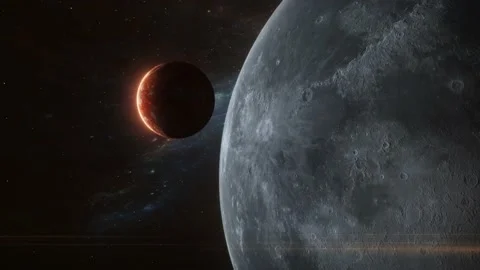 Cosmic scene of alien volcanic planet in deep space. 3D Animation Stock Footage 141464421