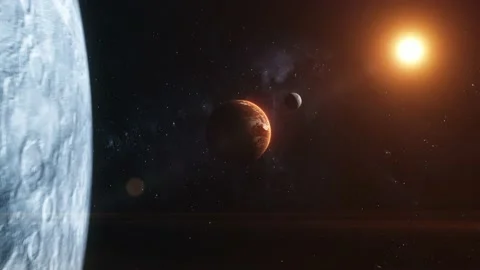 Cosmic scene of alien volcanic planet in deep space. 3D Animation Stock Footage 141489429
