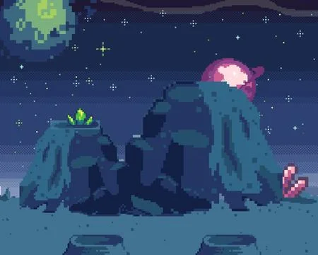 Cosmic scene in pixel art. Background of space and mountaines. Fantastic planet イラスト素材