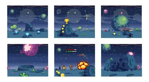 Cosmic scenes set in pixel art. Pixelated location for game or application Stock Illustration