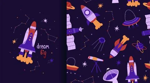 Cosmic seamless pattern and poster. Rockets, stars, satellite and UFO. Vect.. Stock Illustration