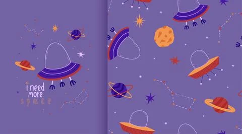Cosmic seamless pattern and poster. Stars, moon and UFO. Vector illustratio.. Stock Illustration