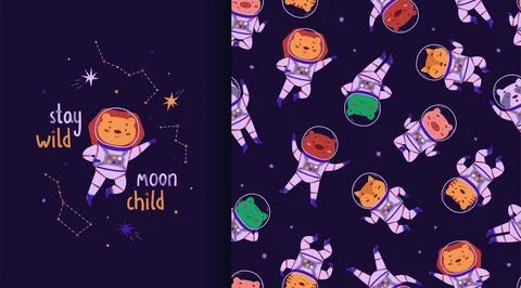 Cosmic seamless pattern and poster. Cute animals astronauts. Wild animals in  Stock Illustration