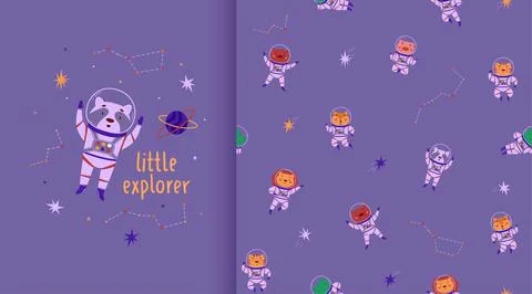 Cosmic seamless pattern and poster. Cute animals astronauts and stars. Wild a Stock Illustration