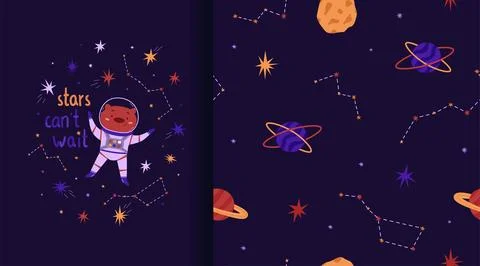 Cosmic seamless pattern and poster. Constellations and planets. Vector illu.. Stock Illustration