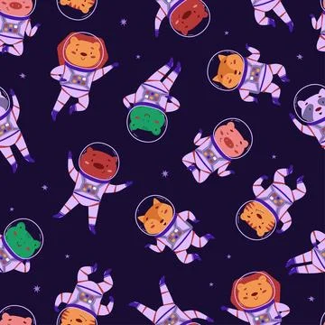 Cosmic seamless pattern with cute animals astronauts. Wild animals in outer s Stock Illustration