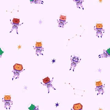 Cosmic seamless pattern with cute animals astronauts and stars. Wild animals Stock Illustration