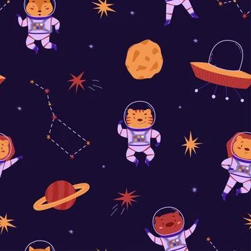 Cosmic seamless pattern with cute animals astronauts, alien ships and planets Stock Illustration