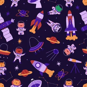 Cosmic seamless pattern with cute animals astronauts and rockets. Stars, plan Stock Illustration